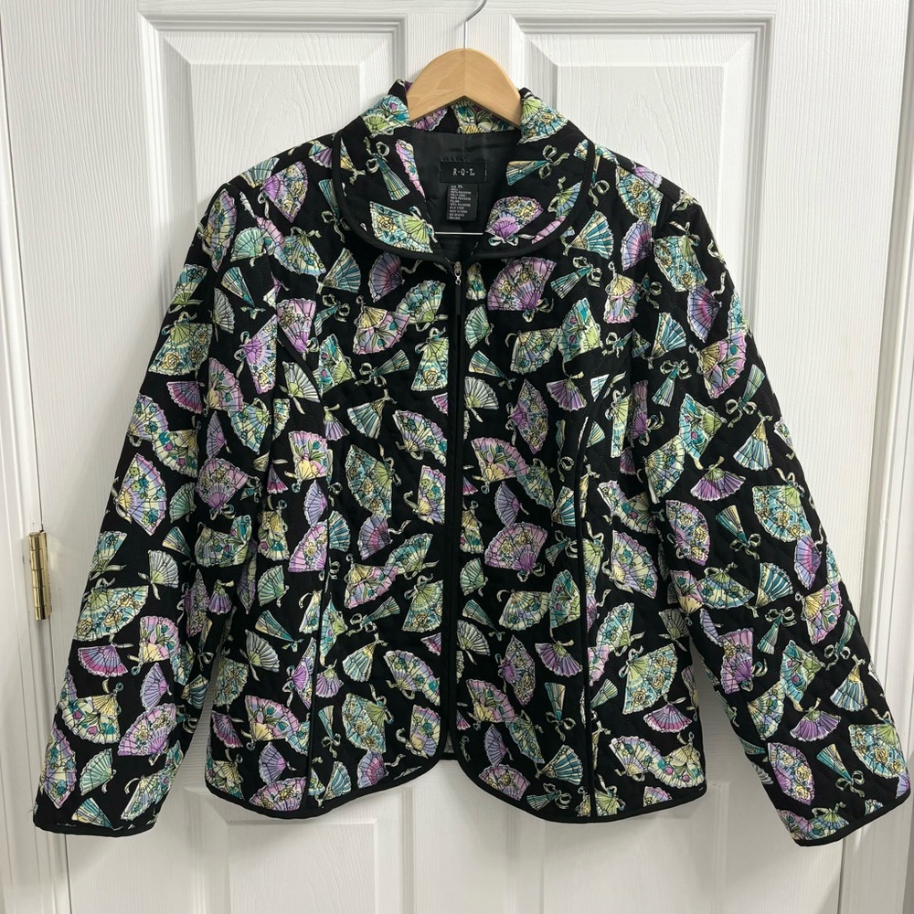 Quilted Zip Jacket Womens XL Black Fan Patterned Art to Wear Colorful Funky